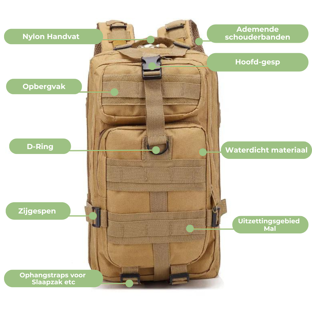 Unisex waterdichte outdoor rugzak, tactisch design, veelzijdig voor wandelen, reizen en kamperen.
