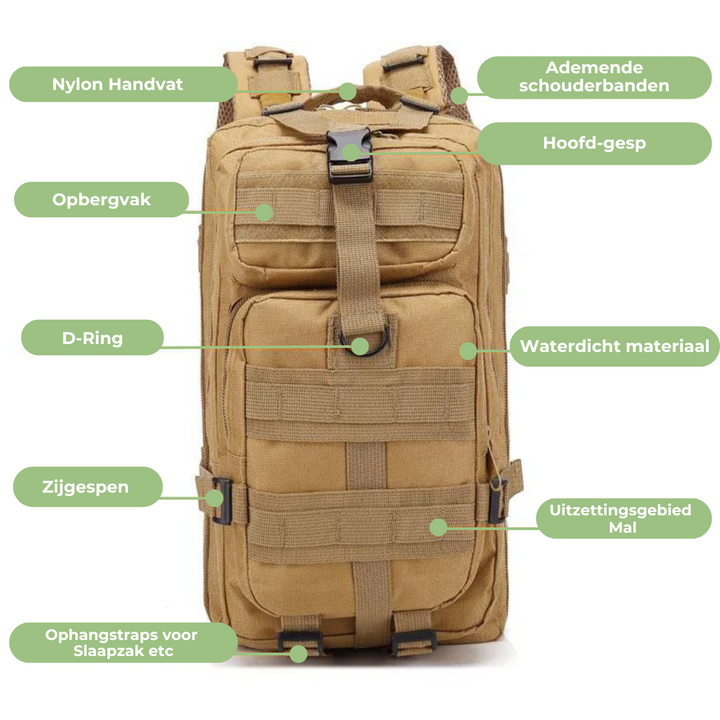 Unisex waterdichte outdoor rugzak, tactisch design, veelzijdig voor wandelen, reizen en kamperen.