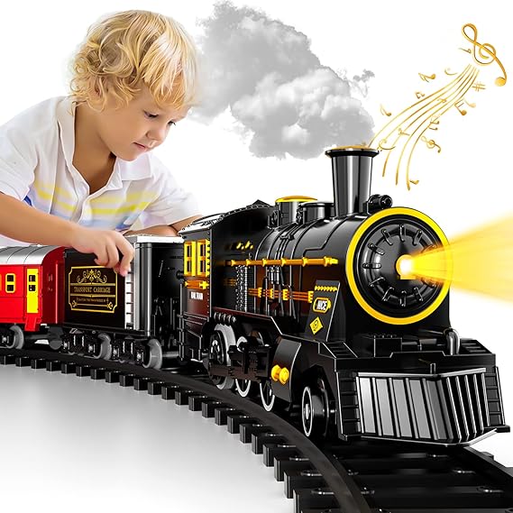 Kleurrijke elektrische treinset met rails en wagons, interactief kinderspeelgoed voor urenlang speelplezier.