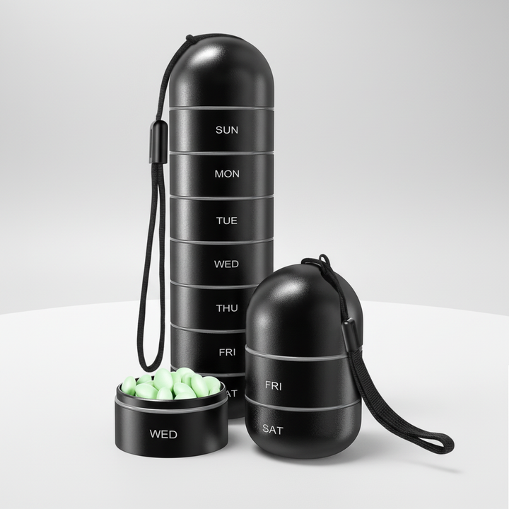 Waterdichte aluminium medicijnendoos, compacte organizer voor veilige opslag tijdens reizen.
