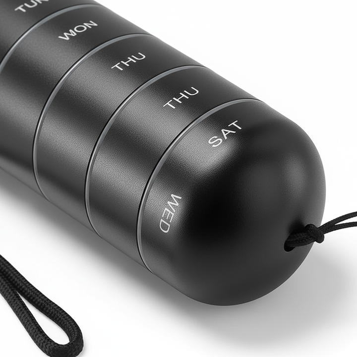 Compacte aluminium pillendoos, perfect voor het opbergen van medicijnen, overzichtelijk en handig.