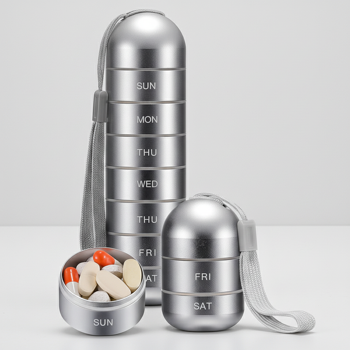 Reis pillendoos van aluminium, waterdicht en duurzaam, houdt je medicatie georganiseerd onderweg.