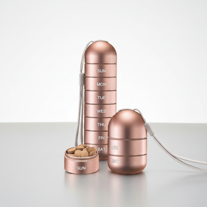 Aluminium medicijn organizer voor dagelijks gebruik, houdt pillen veilig en overzichtelijk.