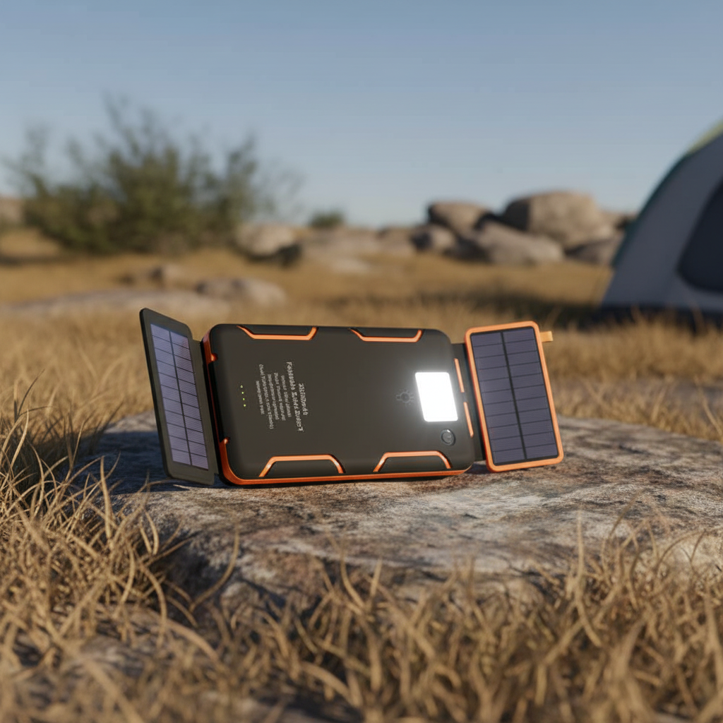Draagbare zonne-energie powerbank (SunChargeo) met zaklamp voor buiten, kamperen en noodsituaties. Laad je telefoon op.