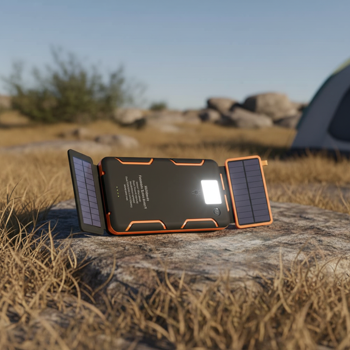 Draagbare zonne-energie powerbank (SunChargeo) met zaklamp voor buiten, kamperen en noodsituaties. Laad je telefoon op.