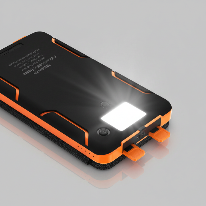 Kunststof SunChargeo zonne-powerbank met USB-C, ideaal voor opladen van telefoons en gadgets onderweg.