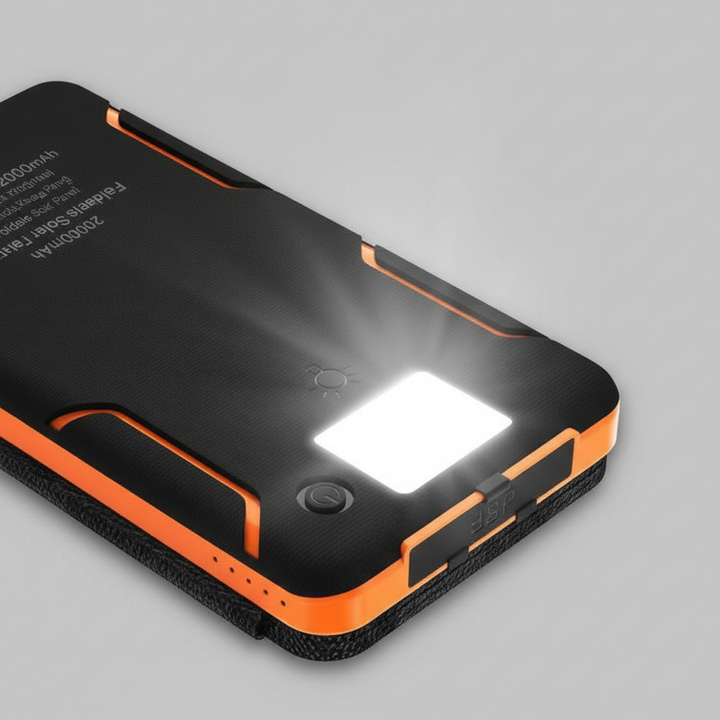 Milieuvriendelijke draagbare zonne-energie oplader met ingebouwde zaklamp, perfect voor outdoor avonturen.