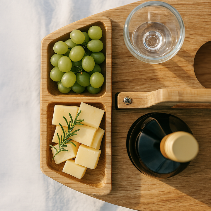 Houten wijntafel met geïntegreerde glazen- en flessenhouders. Perfect voor picknicks, buiten snacks en drankjes.