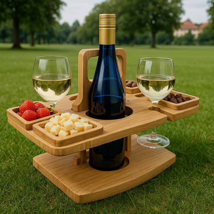 Draagbare houten wijntafel met glazen- en flessenhouders. Compact opvouwbaar voor buiten. Ideaal voor snacks.