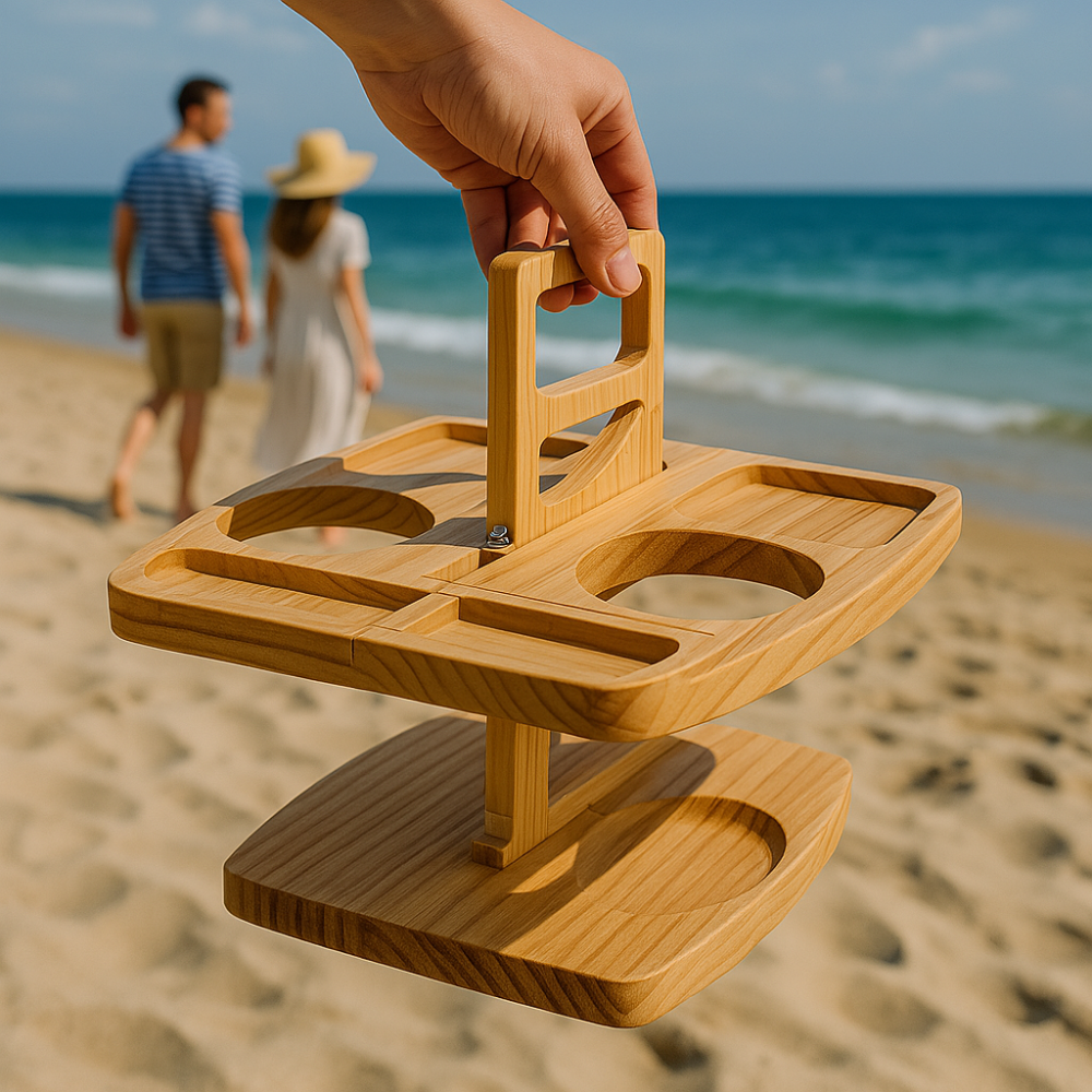 Lege draagbare houten wijntafel, klaar voor picknick snacks en wijn. Essentieel tuinmeubel voor buitenleven.