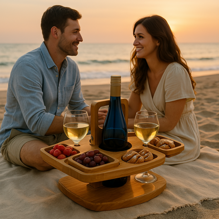 Geniet van buitenleven met deze draagbare houten picknick wijntafel. Ideaal voor snacks, wijn en glazen.