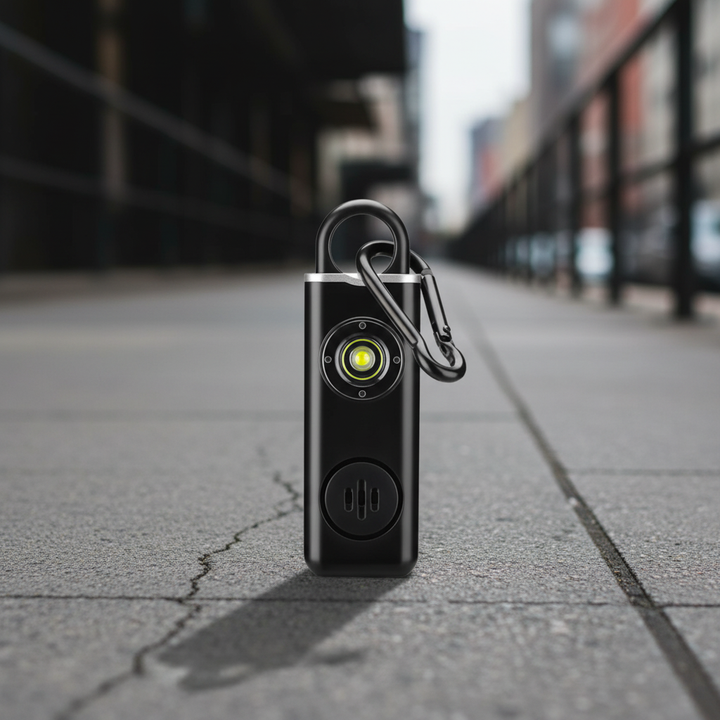Draagbaar persoonlijk alarm sleutelhanger ShieldFlash voor veiligheid, compact en eenvoudig mee te nemen.
