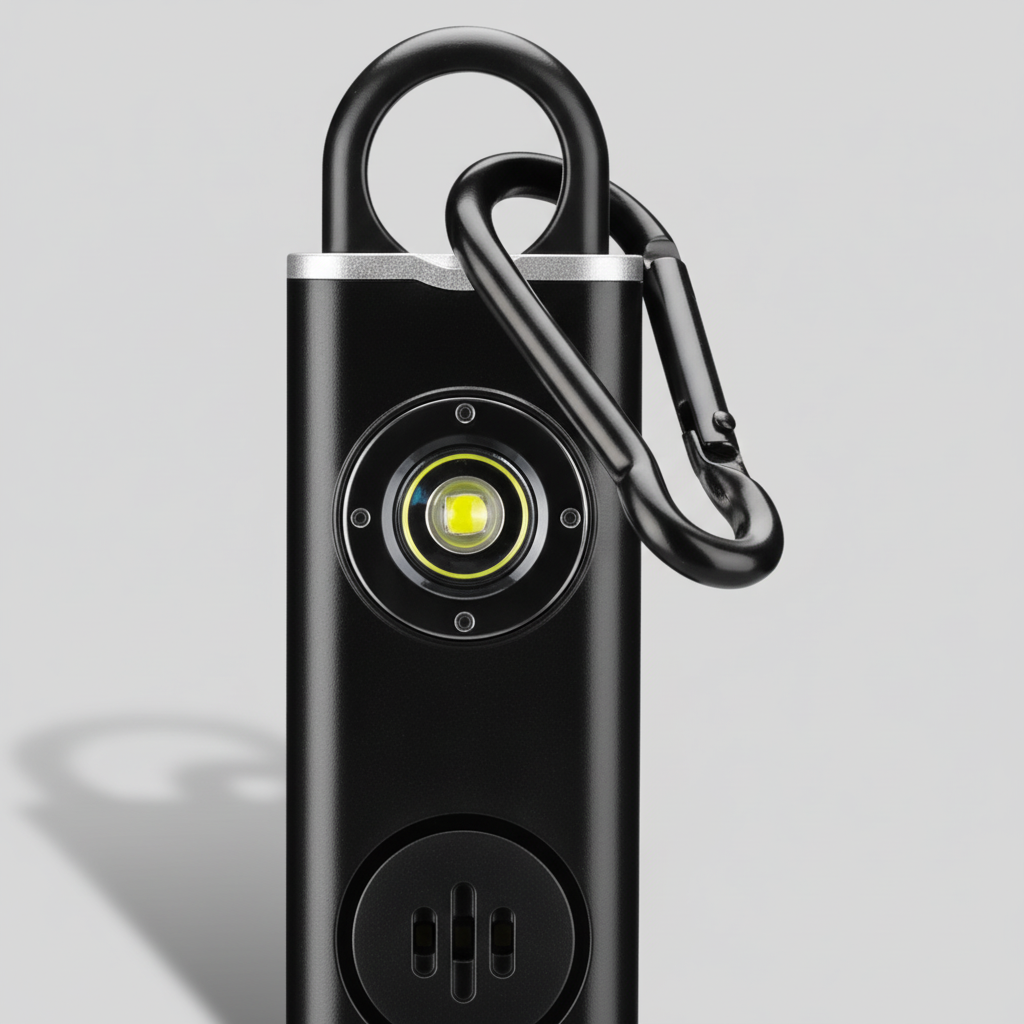 Compact ShieldFlash veiligheidsalarm als sleutelhanger, makkelijk te bevestigen voor snelle actie bij gevaar.