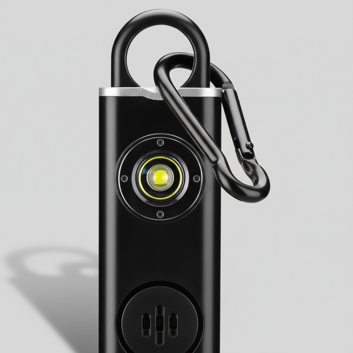 Compact ShieldFlash veiligheidsalarm als sleutelhanger, makkelijk te bevestigen voor snelle actie bij gevaar.