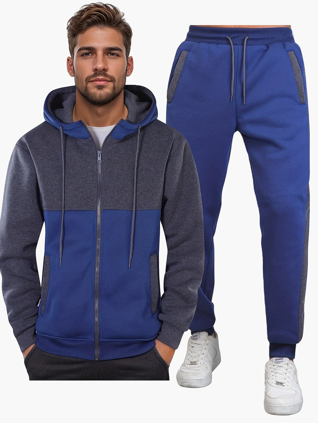 Slimfit heren trainingspak blauw met rits, perfect voor sport of dagelijks comfort en stijlvolle mode.