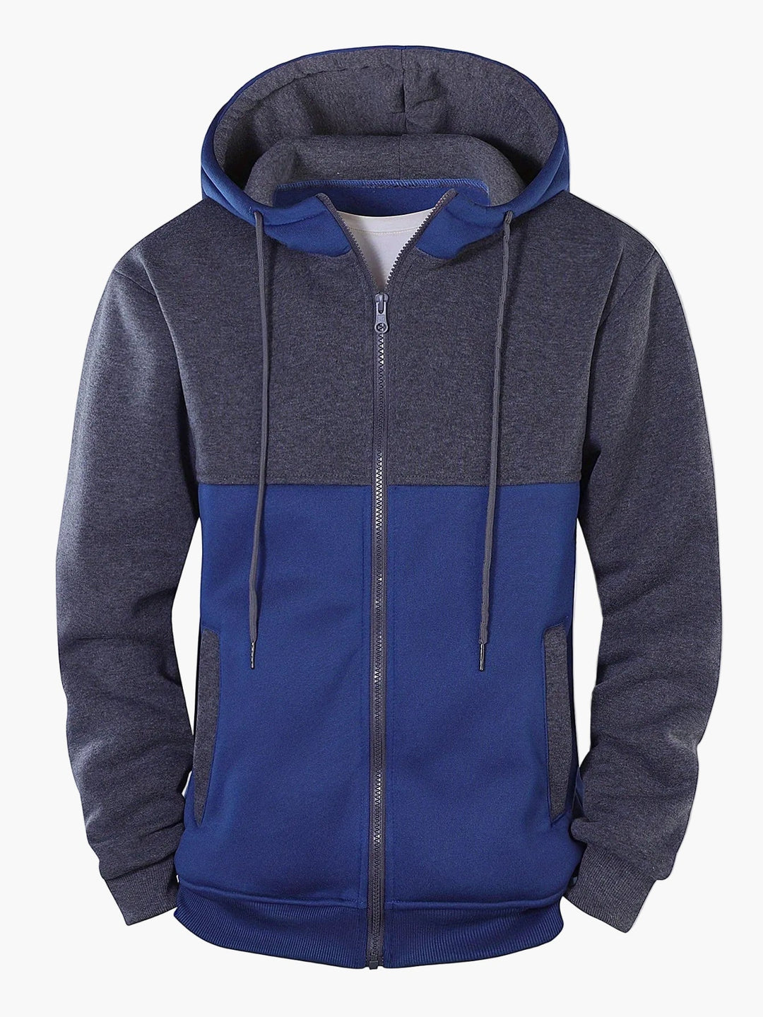 Detail van de rits en capuchon van een comfortabel heren trainingspak, hoge kwaliteit sportkleding.