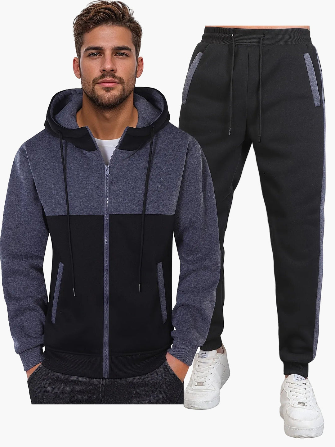 Heren trainingspak met capuchon, comfortabel tweedelig sportpak in zwart, ideaal voor casual vrije tijd.