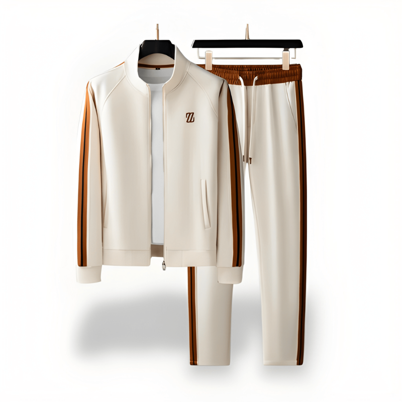 Stijlvol heren trainingspak met opstaande kraag en dynamisch streepdessin, voor een sportieve look.