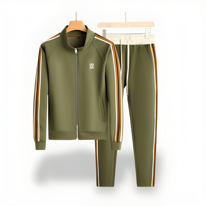 Heren trainingspak met opstaande kraag en sportief streepdessin, ideaal voor casual mode en vrije tijd.