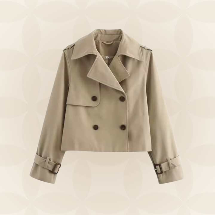 Elegante cropped dames trenchcoat in klassiek beige. Stijlvolle overslagjas, perfect als lentejas.