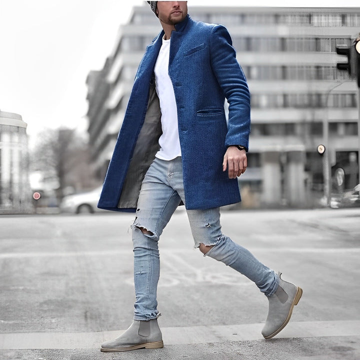 Lange heren winterjas, een stijlvolle en comfortabele overjas. Perfecte klassieke buitenkleding voor elke man.