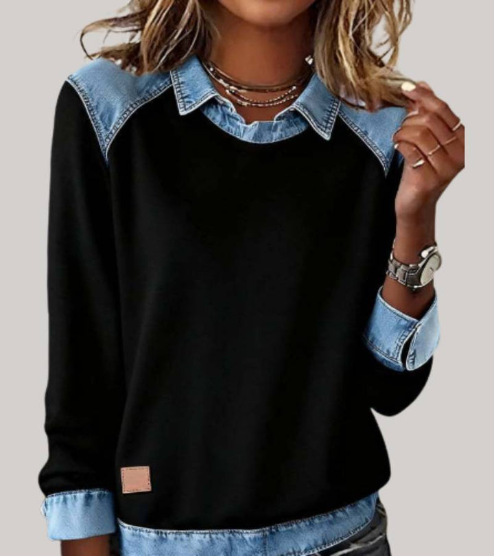 Dames trui met stijlvolle contrastkraag, perfect voor casual chic wintermode en comfort.