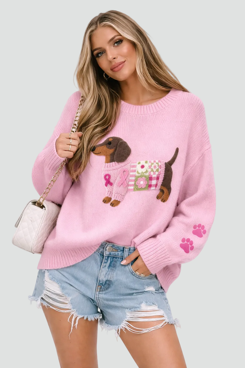 Comfortabele dames trui met losse pasvorm, lange mouwen en ronde hals. Speels hondjesmotief.