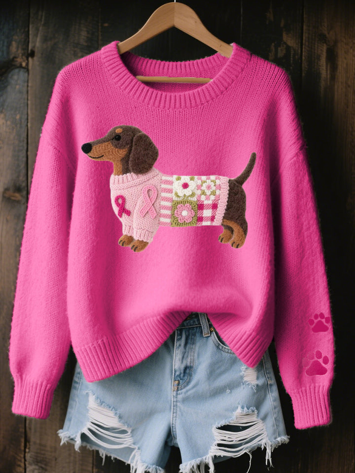 Close-up van de zachte dames trui met schattig hondjesmotief. Ideaal voor een casual look.