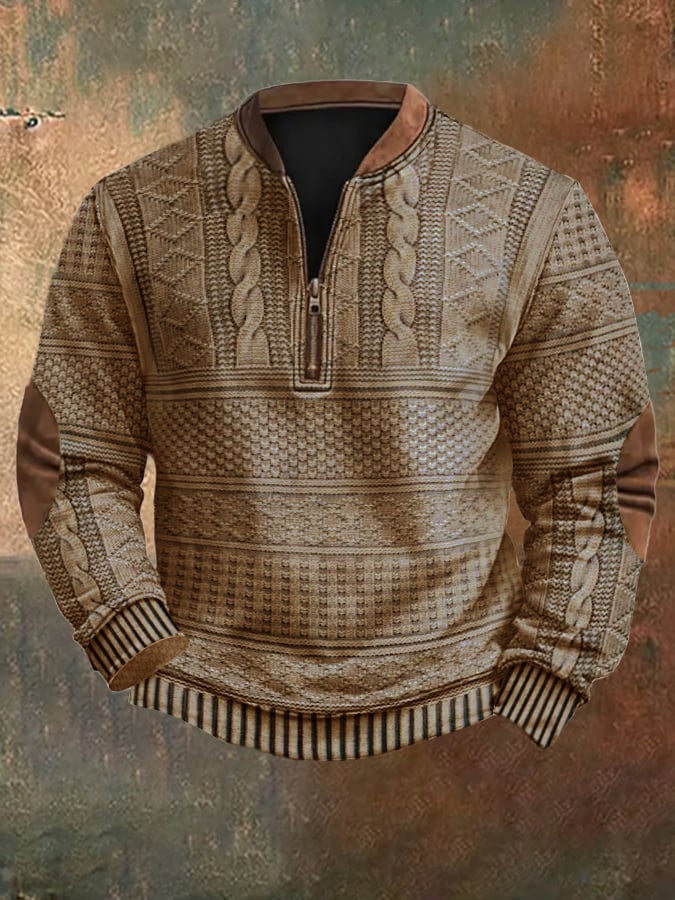 Stijlvolle heren vintage pullover met kwartrits en elleboogstukken. Comfortabele casual herenkleding.