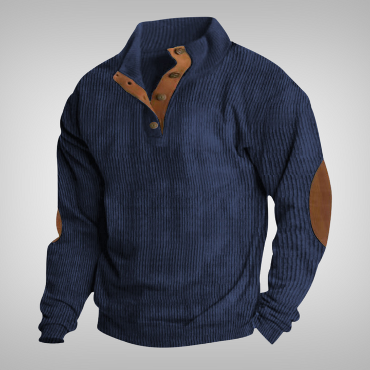 Warme heren trui, sweater met knoopkraag. Essentiële mannenmode voor een comfortabele en elegante look in de herfst.