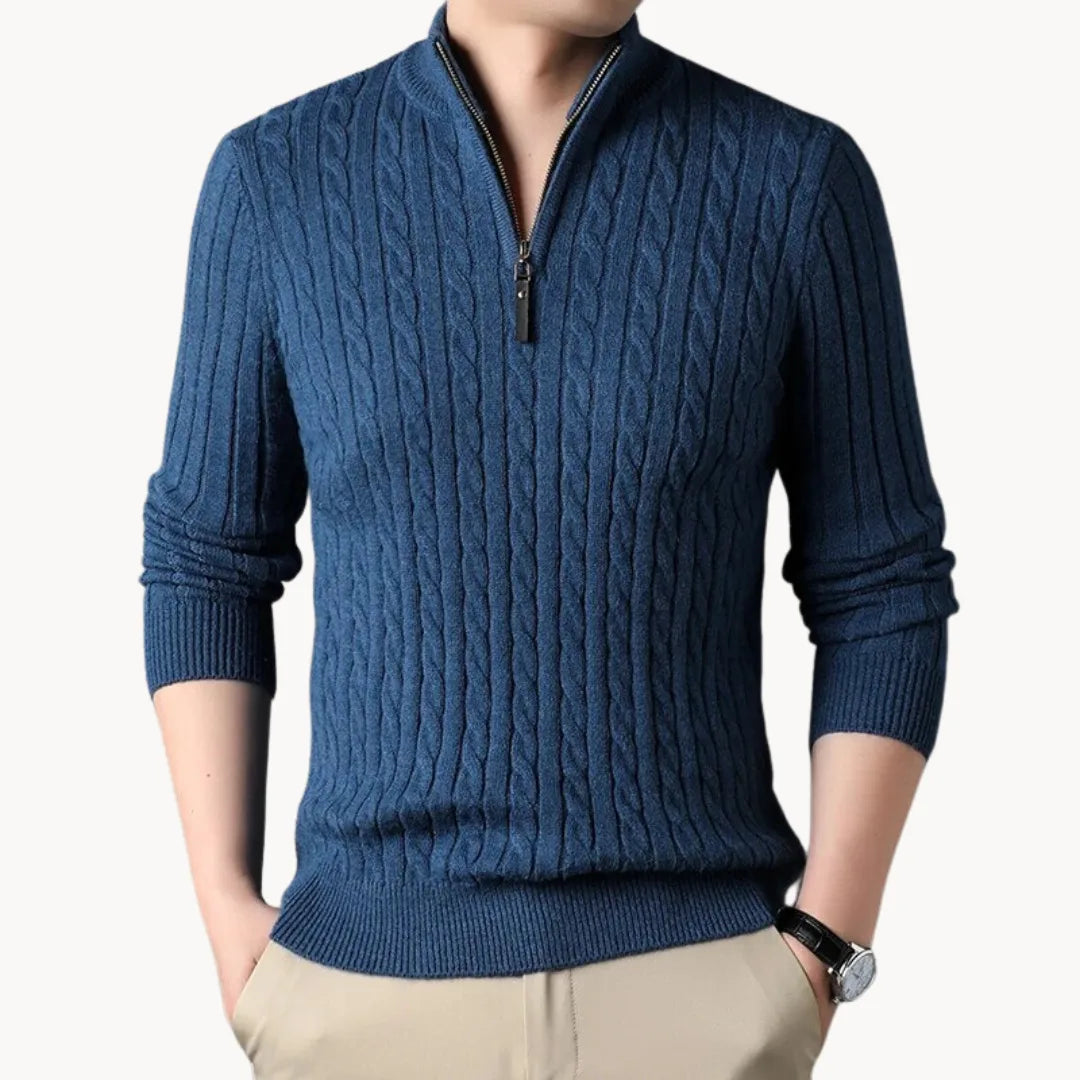 Veelzijdige heren trui met kabelpatroon en kwart rits, perfect voor herfst en winter. Comfortabel & stijlvol.