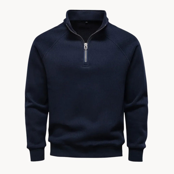 Stijlvolle heren trui met kwart rits, opstaande kraag, veelzijdig voor casual en semi-formele gelegenheden.