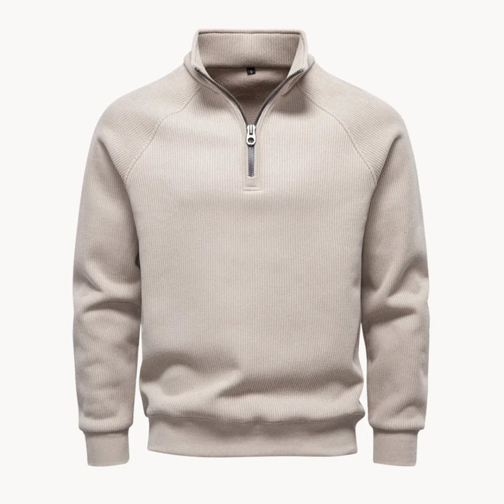 Moderne heren zip-neck sweater, beige, met opstaande kraag, perfect voor gelaagde outfits.