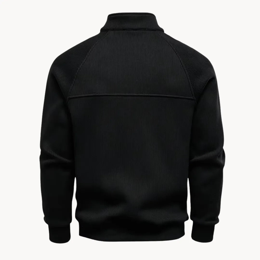 Ideale herfst/winter heren trui, legergroen, met ritssluiting en opstaande kraag voor casual dagen.