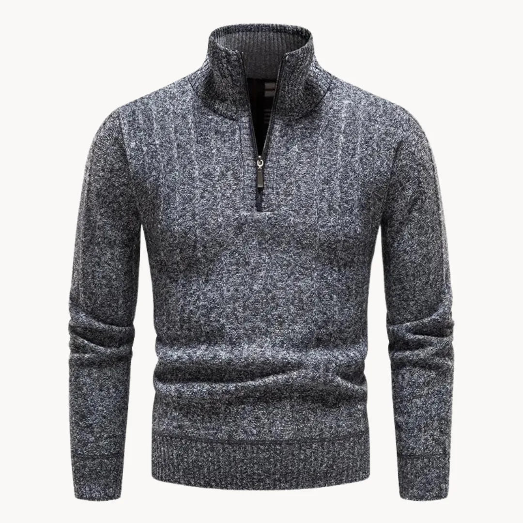 Stijlvolle heren trui met comfortabele kwart rits en opstaande kraag, perfect voor casual herfst/wintermode.