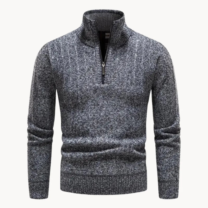 Stijlvolle heren trui met comfortabele kwart rits en opstaande kraag, perfect voor casual herfst/wintermode.