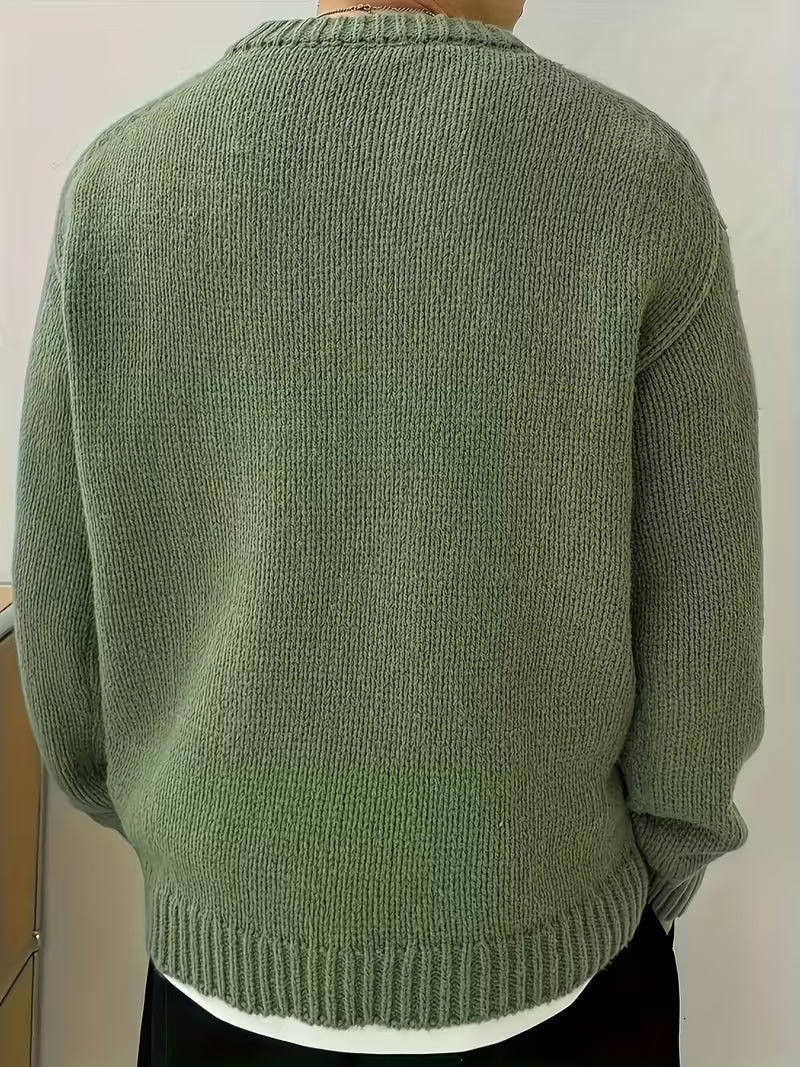 Khaki heren trui, ronde hals, ribbelstructuur. Ideaal voor herfst, comfortabel en regular fit.