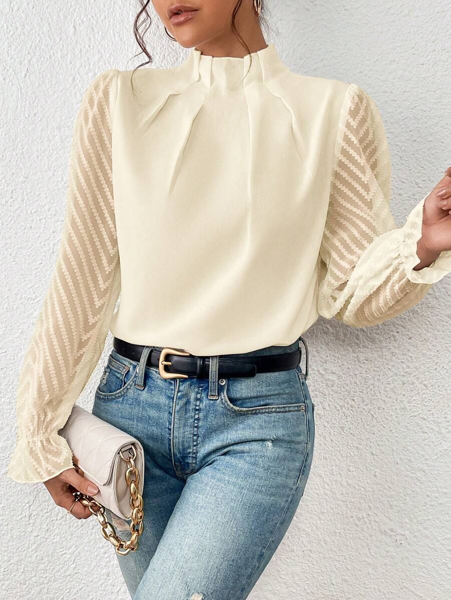 Casual chic dames top met opstaande kraag en decoratieve plooien, lange mouwen voor lente/herfst.