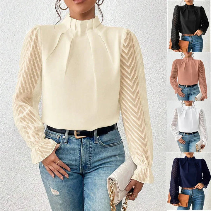 Elegante dames blouse/top met opstaande hals, sierlijke plooien en lange mouwen. Perfecte vrouwenkleding.