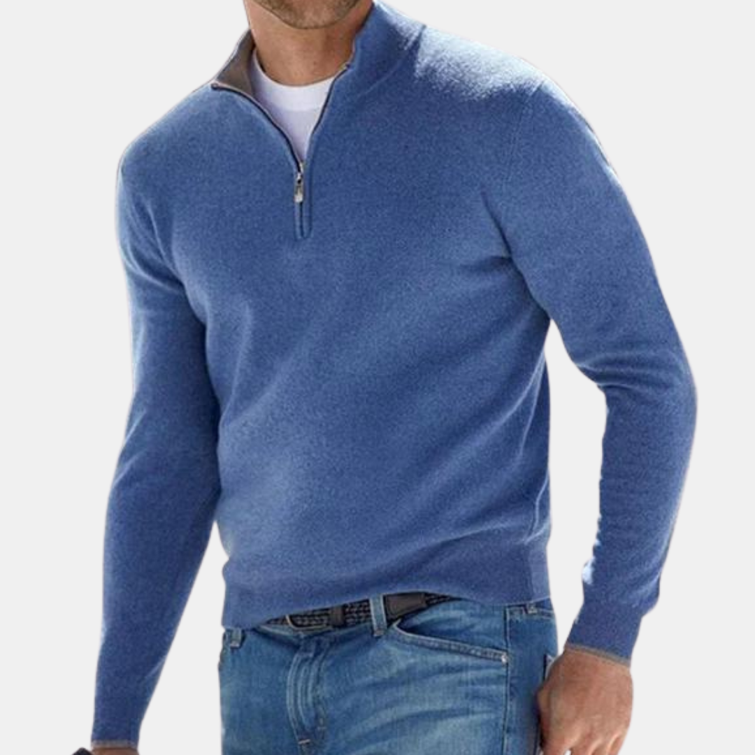 Stijlvolle blauwe heren trui met halve rits. Comfortabele pullover, perfect voor winter en lente casual look.