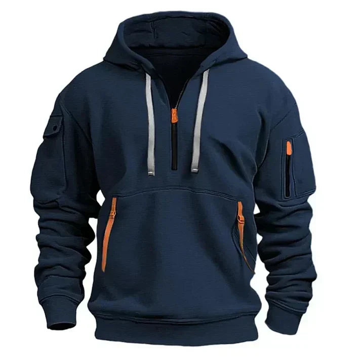 Comfortabele heren trui met halve rits, zachte stof en praktische zakken. Ideaal voor sportieve en casual momenten.