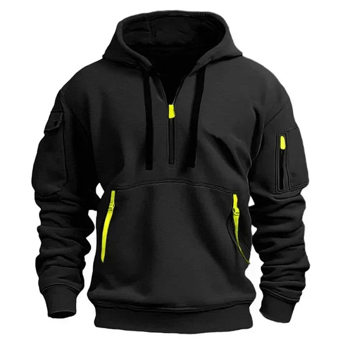 Moderne heren hoodie met halve rits, slimme zakken en verstelbare capuchon. Stijlvolle en functionele mannen trui.