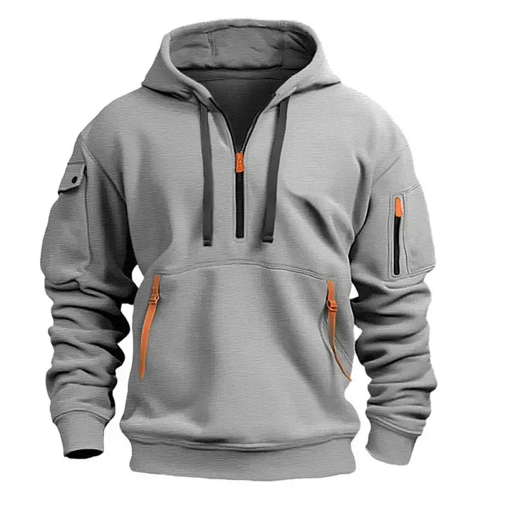 Heren trui met halve rits in sportieve stijl. Comfortabele mannen hoodie met moderne look en slimme zakken.