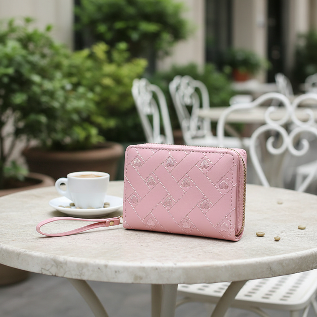 Dames driedelige PU leren portemonnee met stijlvolle borduursels. Compact, trendy mode accessoire.