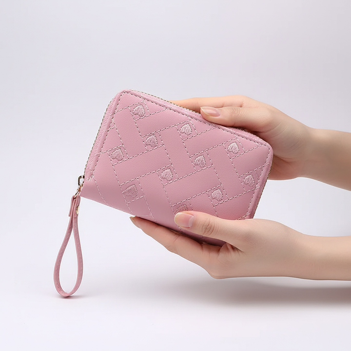 Stijlvolle dames driedelige portemonnee met verfijnde borduursels. Compact, PU leer, praktisch en trendy.