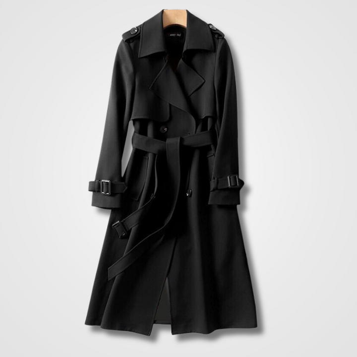 Getailleerde dames ceintuurjas met elegante revers en dubbele knopen. Perfect als lentejas.