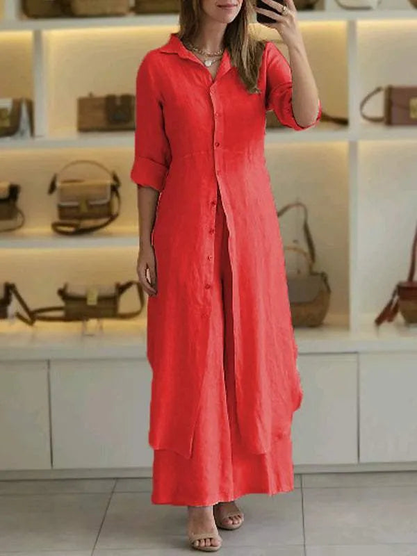 Comfortabele tweedelige set voor dames met wijde broek en zomerblouse in neutrale tint, veelzijdig en luchtig.