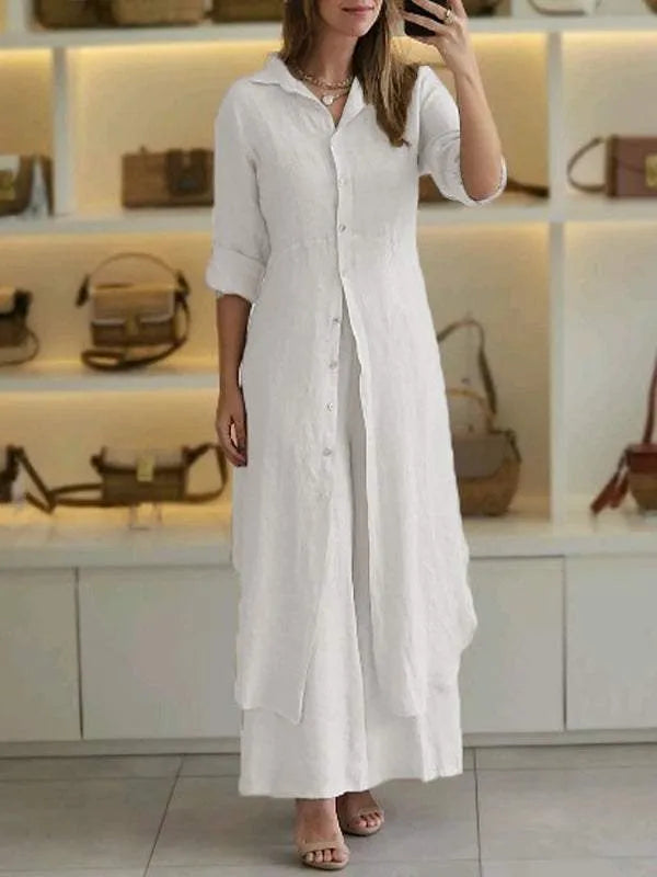 Wijde broek van de tweedelige set voor dames, comfortabel en stijlvol voor een luchtige zomeroutfit.