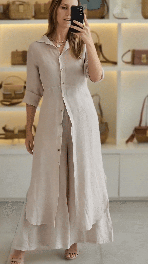 Trendy dames tweedelige zomeroutfit: luchtige blouse en wijde broek set voor een moeiteloos stijlvolle look.