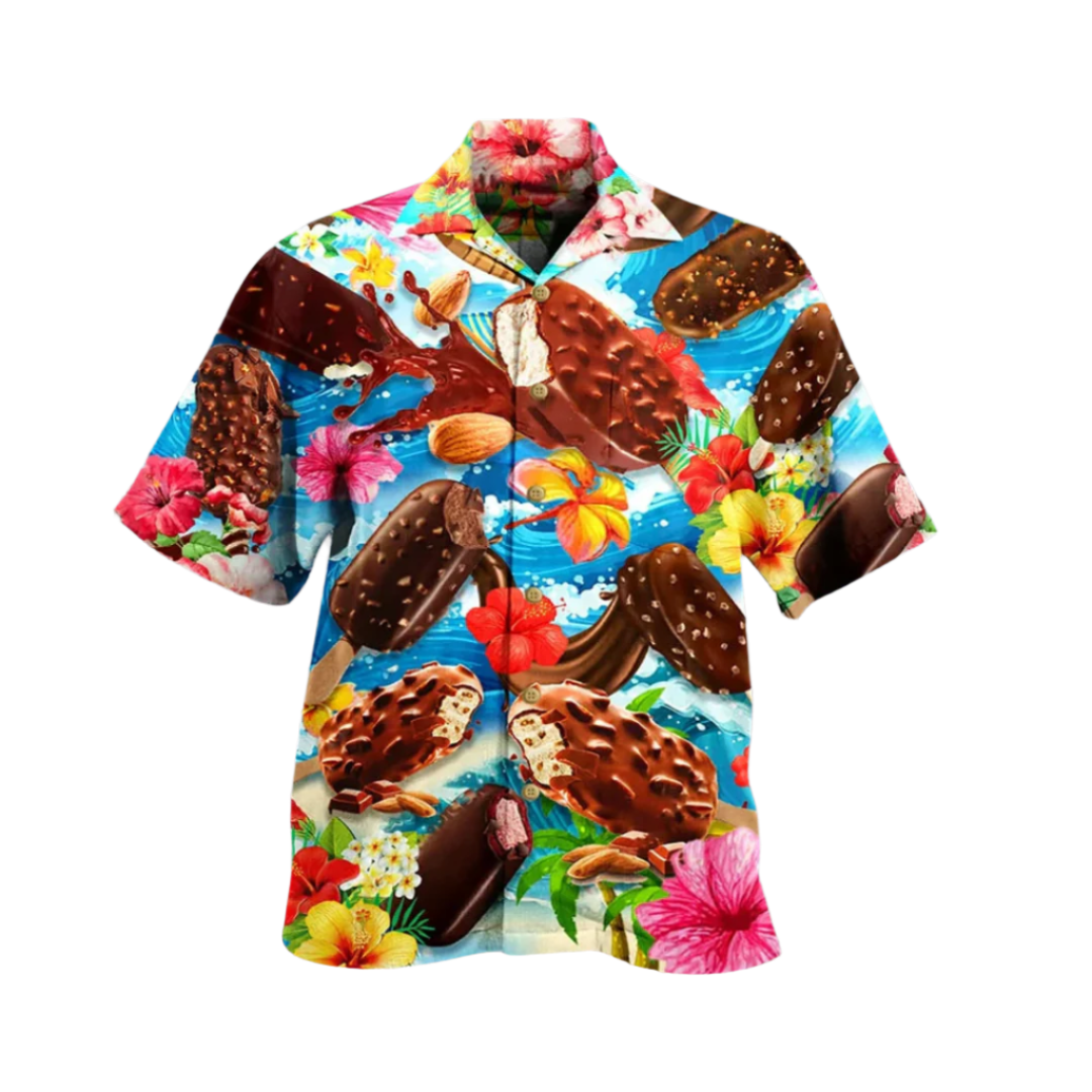 Modieus zomers heren overhemd met ijsjesprint, ideaal voor strand, vakantie of vrije tijd. Comfortabel en stijlvol.